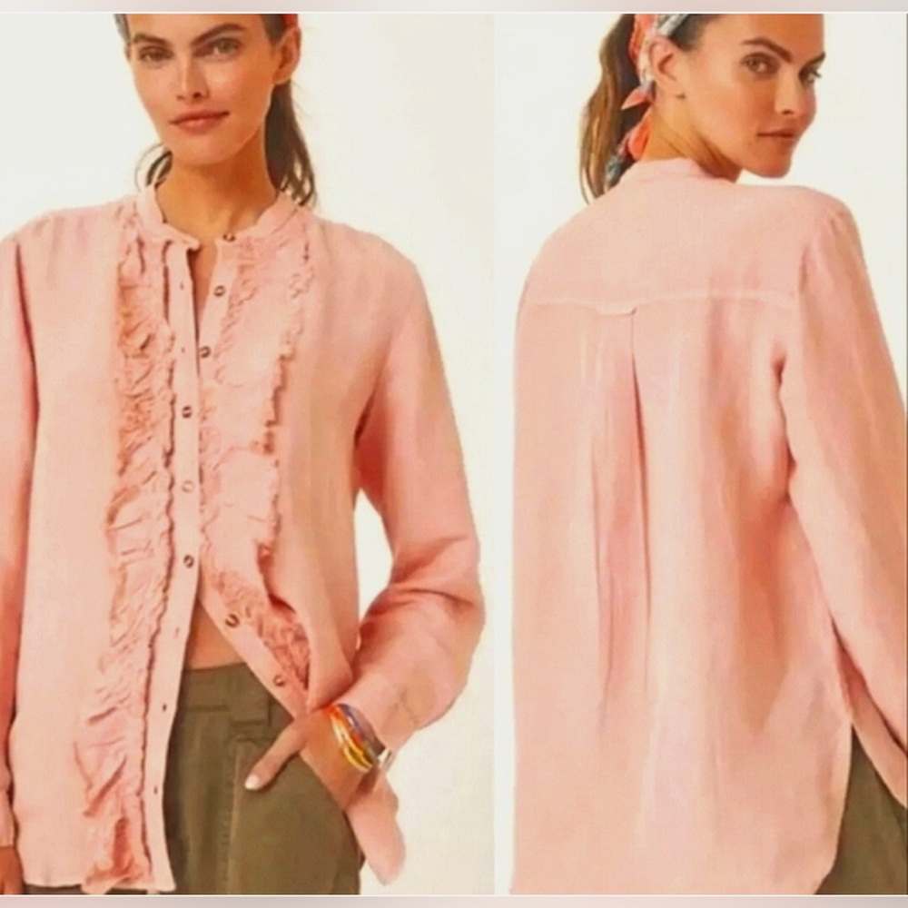 Anthropologie Pilcro Pink Placket Ruffle Button Down Linen Blend Blouse Size S